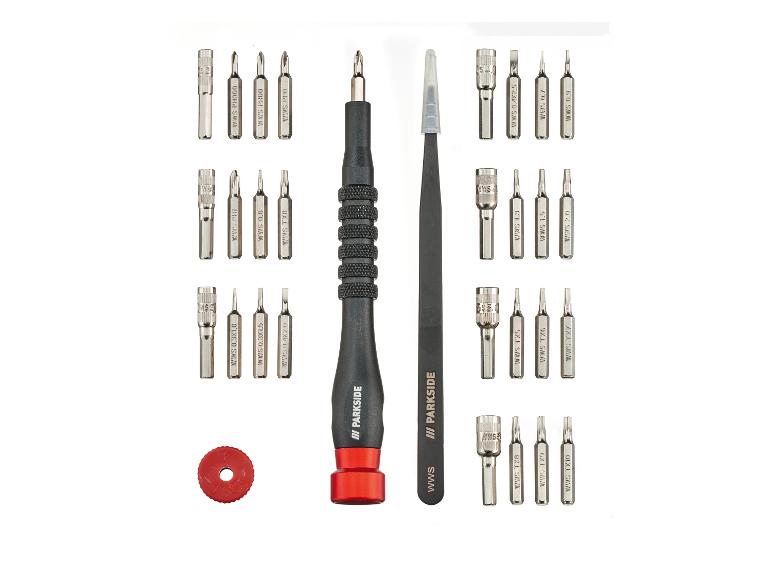 Parkside schroevendraaierset: schroevendraaier, pincet en diverse bits.