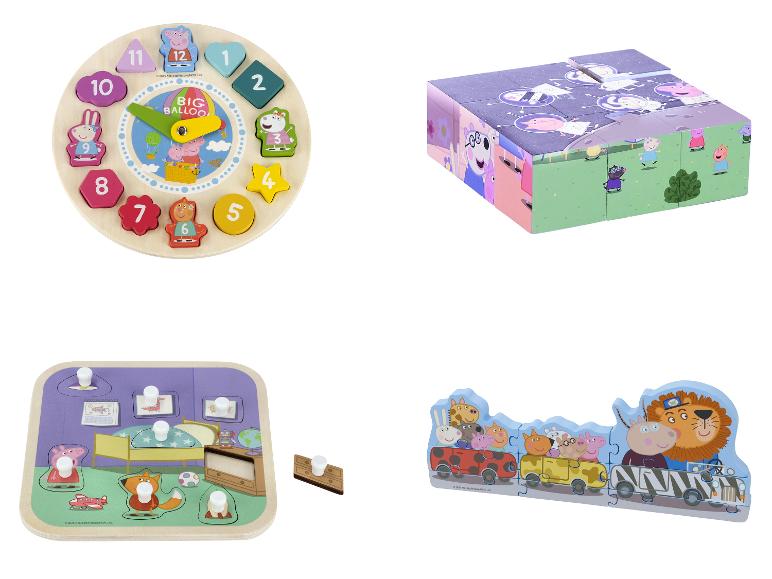 Peppa Pig houten speelgoed: klok, puzzel en vormenstoof.