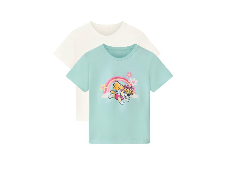 Twee kinder-T-shirts, één crème en één lichtblauw met een Paw Patrol Skye-print.