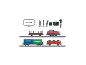 Modelspoorwegset met locomotief, wagons, rails en besturingseenheid.
