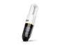 Witte en gele draadloze handstofzuiger met een transparant stofreservoir.