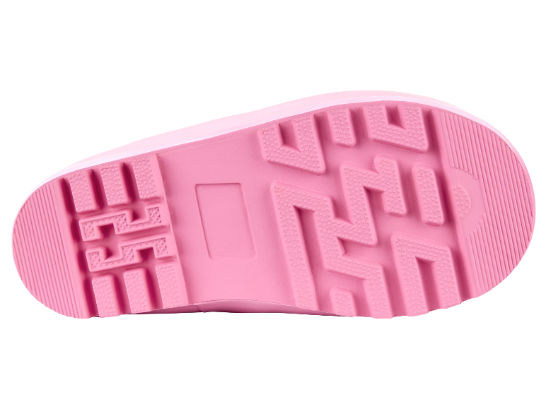 Roze rubberen laarzen voor kinderen met een getextureerde zool.