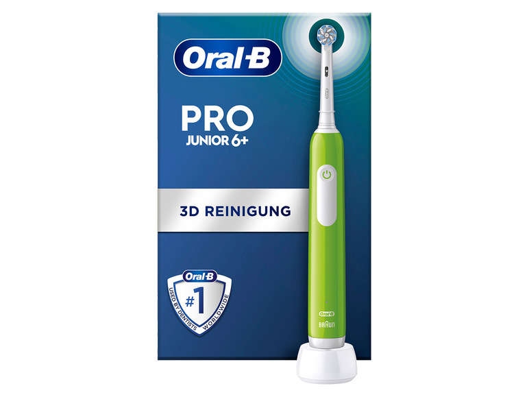Een Oral-B Pro Junior 6+ elektrische tandenborstel in het groen.