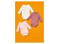Drie rompertjes met lange mouwen voor baby's in wit, lichtroze en donkerroze.