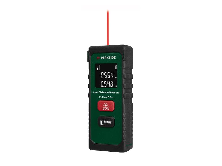 Parkside laserafstandsmeter met digitaal display en rode laserstraal.