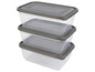 Drie stapelbare, doorzichtige plastic bakjes met grijze deksels.
