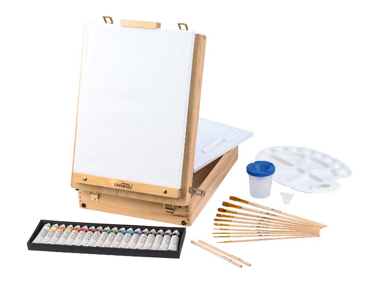 Crelado kunstset met houten ezel, verf, penselen en palet.