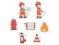 Brandweerthema speelstukken inclusief brandweerlieden, hydrant, slang, vuur, brandblusser en kegel.