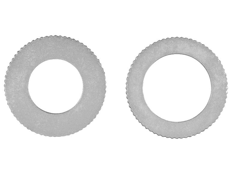 Twee metalen ringen met tanden aan de buitenrand.