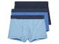 Drie heren boxershorts, lichtblauw en donkerblauw.