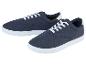 Twee paar donkerblauwe canvas sneakers met witte veters.