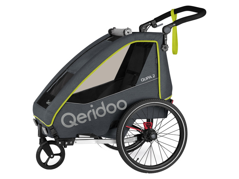 Een grijze Qeridoo Qupa 2 kinderwagen voor fietsen