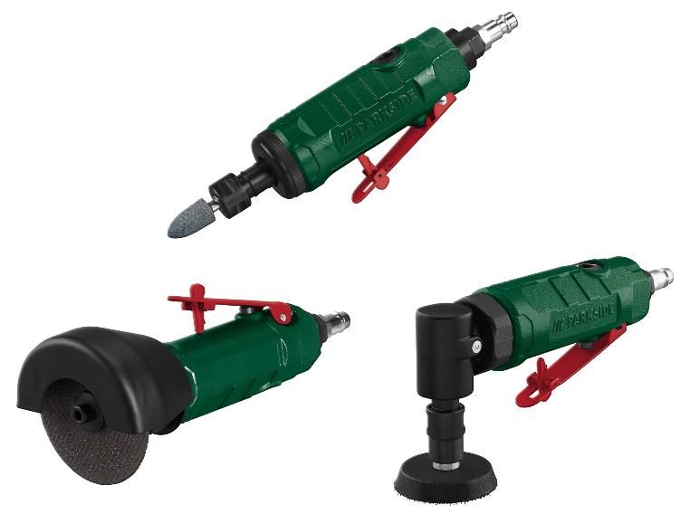 Parkside pneumatisch gereedschap: rechte slijper, haakse slijper en schuurmachine.