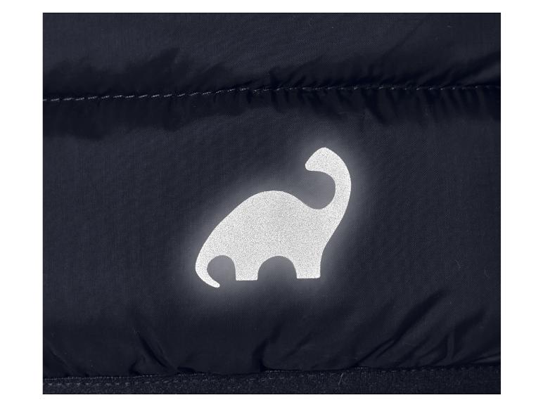 Detail van een donkerblauw jack met een dinosaurus