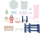 Poppenhuisaccessoireset met meubels, poppen en textiel.