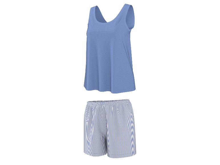 Dames blauwe tanktop en gestreepte shorts set.
