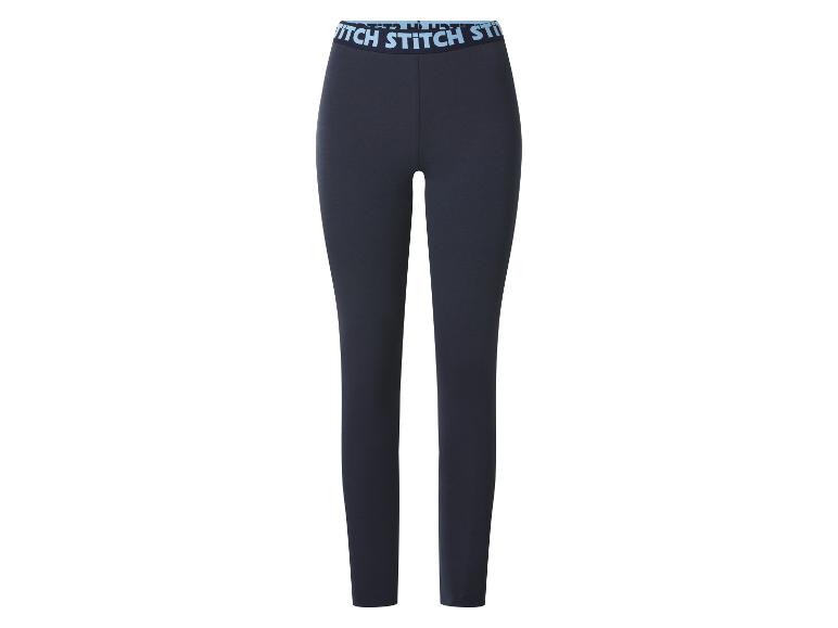 Donkerblauwe legging met lichtblauwe elastische tailleband met de tekst 'STITCH'.