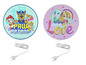 Twee ronde Paw Patrol nachtlampjes, een met Paw Patrol logo en een met 'love' en hartjes.