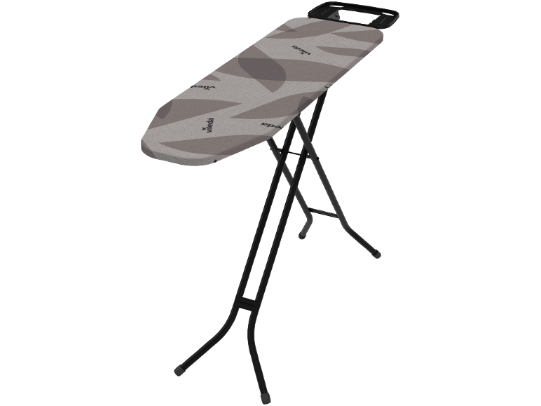 Inklapbare strijkplank met grijs gedessineerde hoes en zwarte poten.