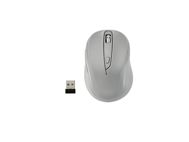 Grijze draadloze Tronic muis met USB-ontvanger.