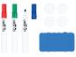 Rode, groene en blauwe whiteboardstiften met wisser en magneten.