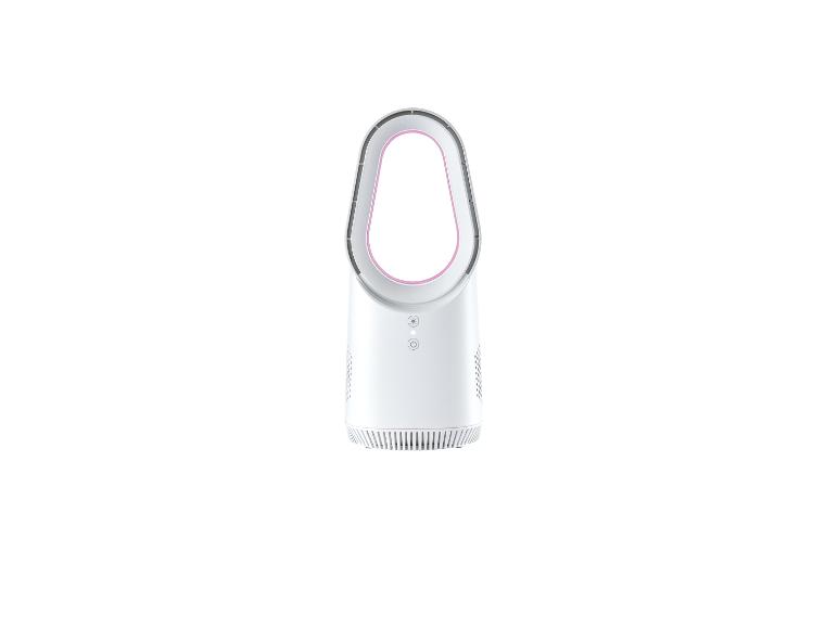 Witte bladeless ventilator met een roze binnenring en bedieningsknoppen aan de voorkant
