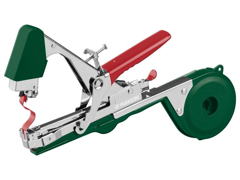 Groene en rode plantenbindmachine met rode tape.