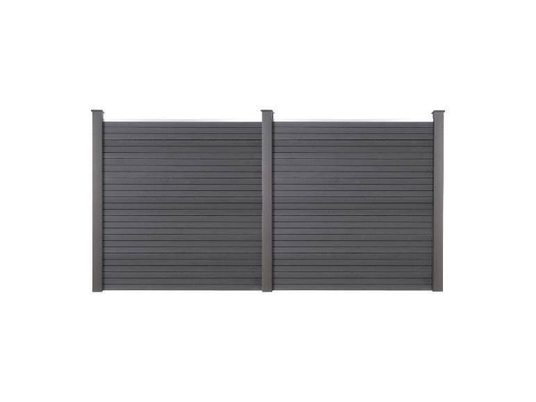 Grijs lamellen schuttingpaneel, met twee palen
