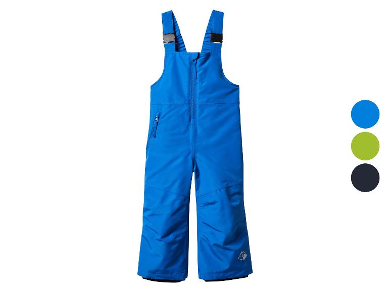 Blauwe kinder sneeuwbroek met verstelbare bandjes en een klein logo.