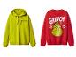 Twee Grinch-sweatshirts: een limoengroene hoodie en een rood sweatshirt zonder capuchon.