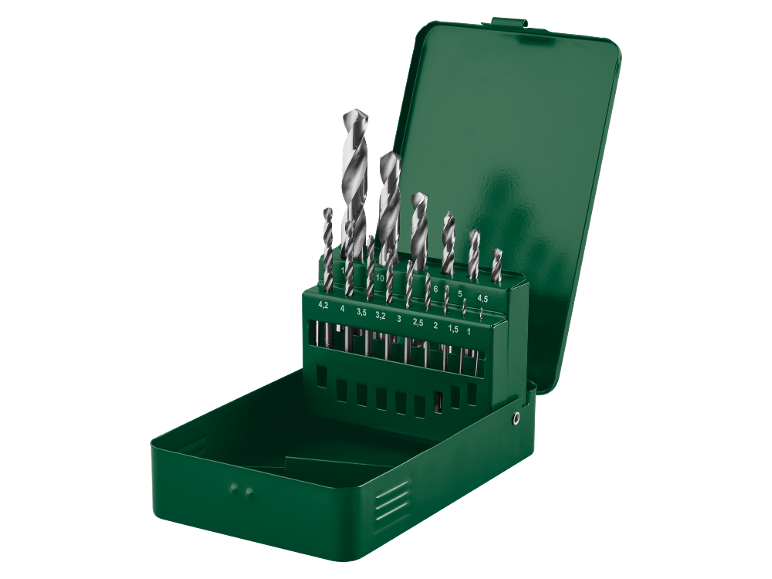Groene metalen doos met een set spiraalboren in verschillende maten.