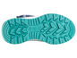 De zool van een blauwe sneaker met turquoise profiel.