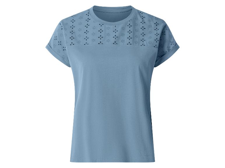 Blauw T-shirt met korte mouwen voor dames met geborduurde opengewerkte details op de schouders.