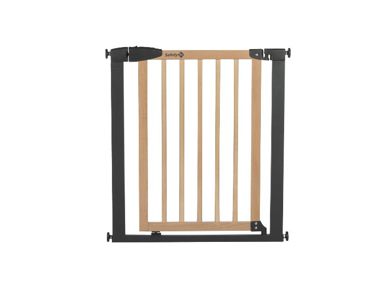 Kinderbeveiligingshekje met houten spijlen en een zwart metalen frame.