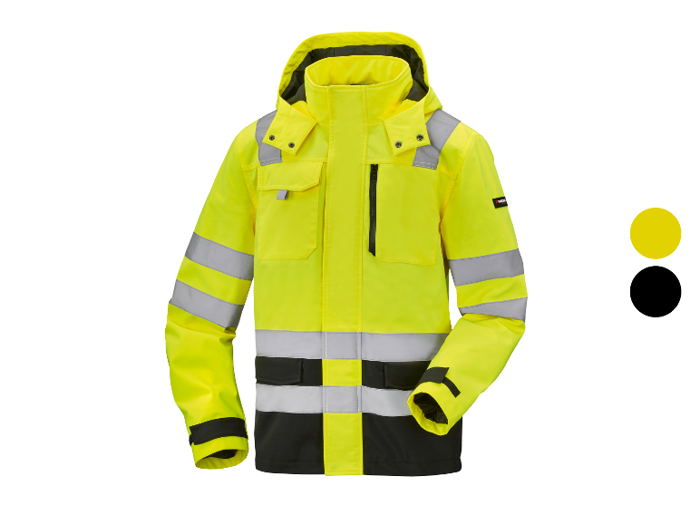 Een geel Porsche werkkostuum met reflecterende strepen en een zwart onderstuk.