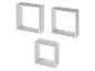 Drie witte, rechthoekige wandplanken in verschillende formaten.