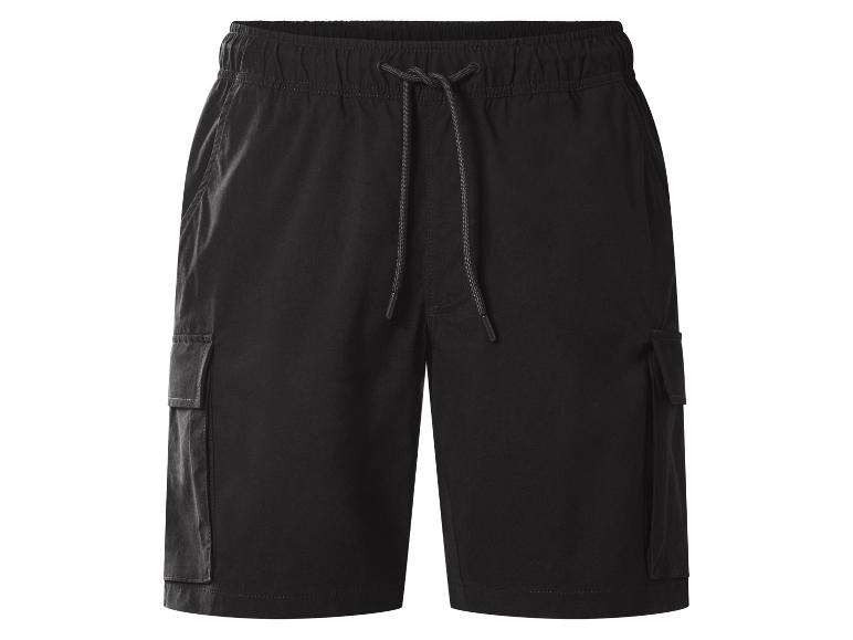 Zwarte heren cargoshorts met elastische tailleband en trekkoord.