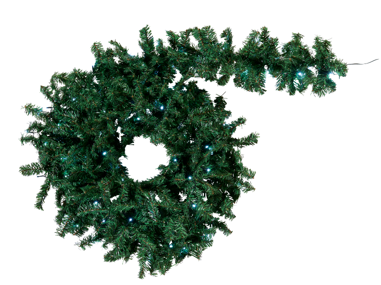 Groene kerstslinger met witte lampjes, gevormd als een zes, tegen een zwarte achtergrond.