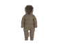 Beige baby sneeuwpak met capuchon en rits.
