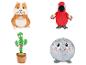 Vier pluchen speeltjes: een hamster, een papegaai, een cactus en een discobal.