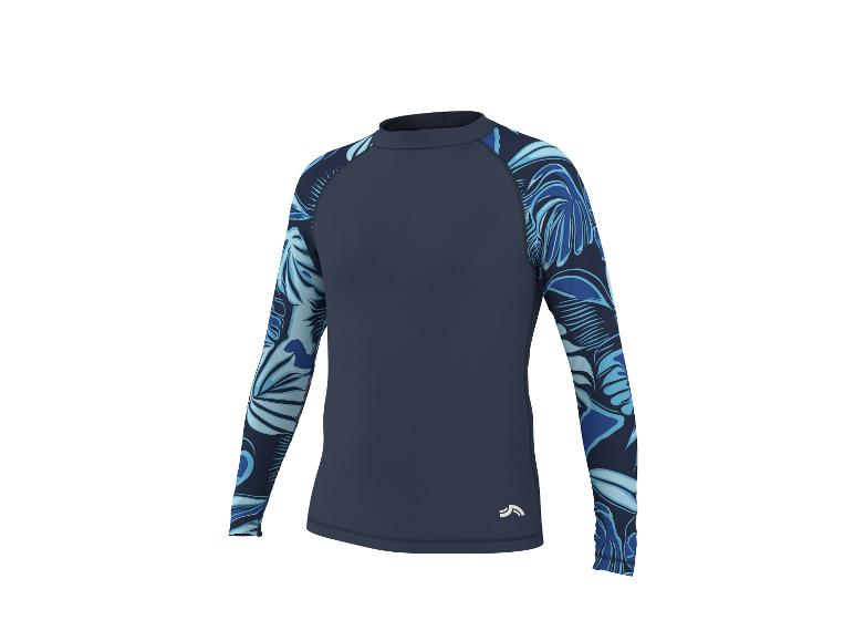 Donkerblauw shirt met lange mouwen en blauw bladpatroon op de mouwen.