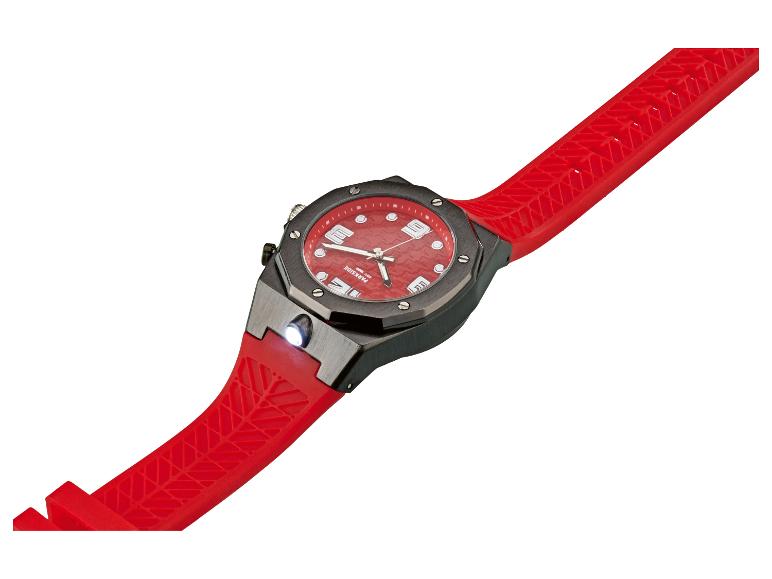 Rood horloge met zwarte kast en ingebouwde zaklamp.