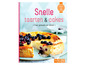 Een boek met recepten voor snelle taarten en cakes, met foto van een cheesecake met blauwe bessen.