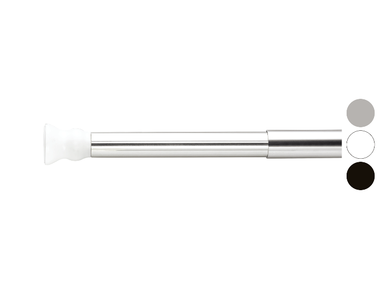 Verchroomde telescopische douchestang met witte uiteinden.