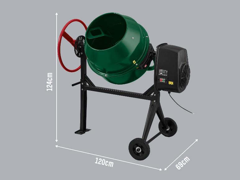 Parkside betonmixer: groene trommel, zwarte motor, wielen.