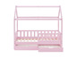 Een roze kinderbed met twee laden.