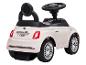 Witte kinderloopauto met zwart stuur en rugleuning, van achteren gezien.