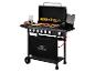Zwarte Grill Meister gasbarbecue met gegrild eten en accessoires.