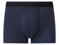 Een paar donkerblauwe boxershorts met een zwarte tailleband.