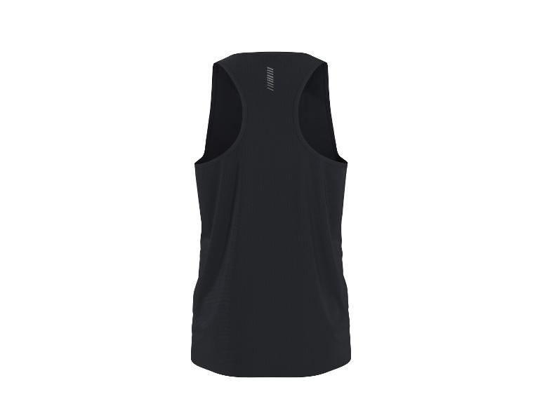 Zwart heren mouwloos shirt met reflecterende print op de rug.